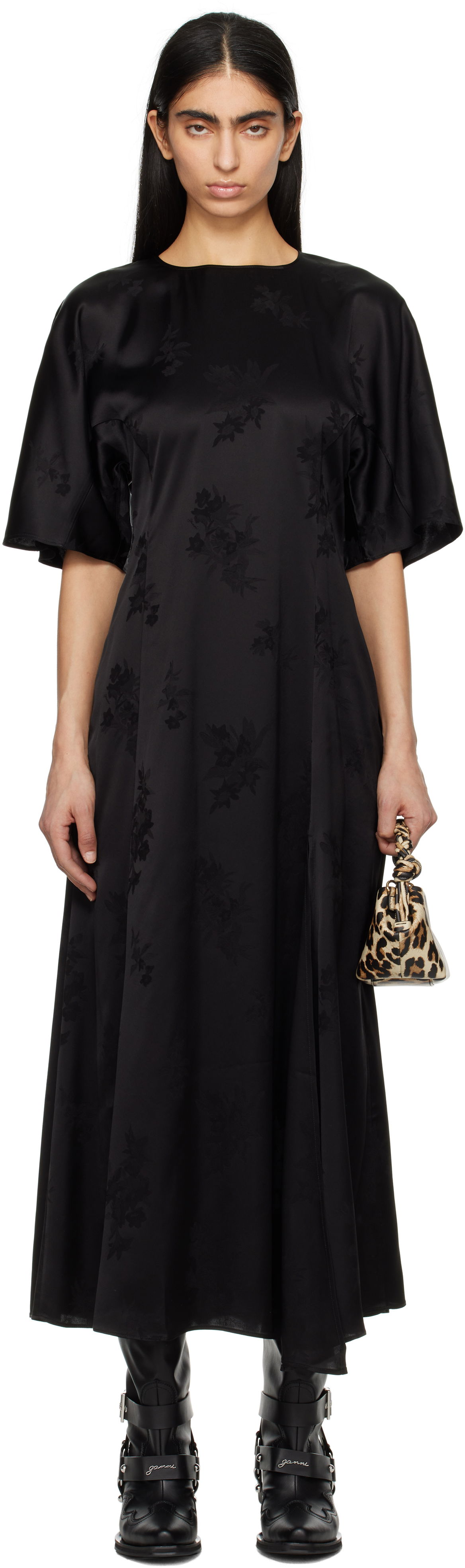 Šaty GANNI GANNI Fluid Satin Jacquard Slit Maxi Dress Čierna | W0255, 0
