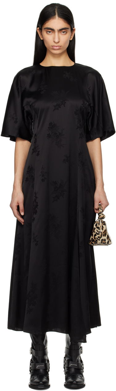Šaty GANNI GANNI Fluid Satin Jacquard Slit Maxi Dress Čierna | W0255, 0