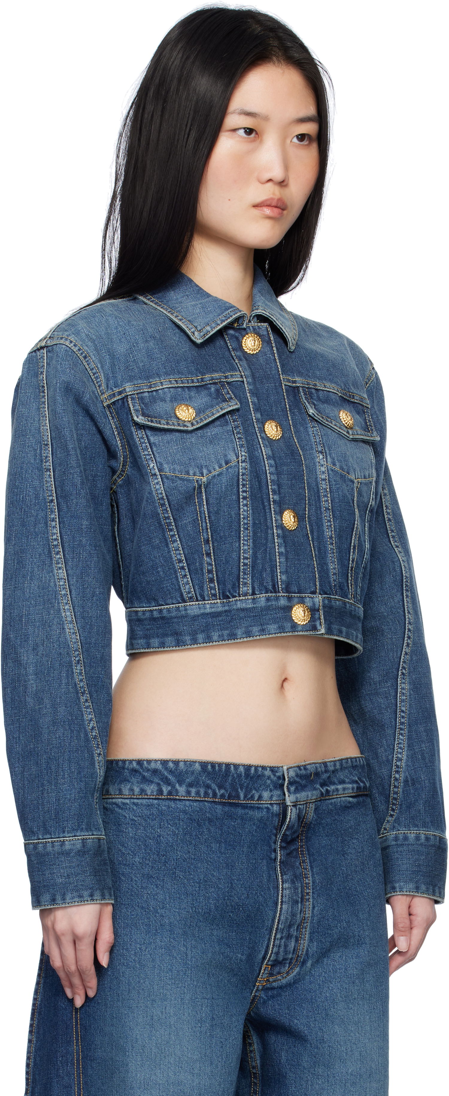 Bunda Balmain Cropped Faded Denim Jacket Modrá | EF1TC180DF65, 1