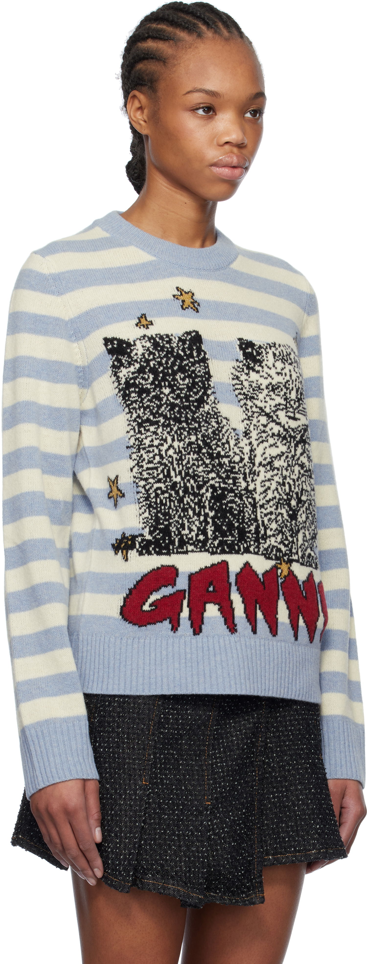 Sveter GANNI GANNI Graphic Cat Striped Sweater Modrá | K2369, 1