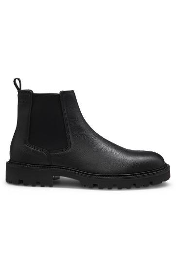 Kabáty BOSS Grained Leather Chelsea Boots with Lug Sole Čierna | 50552573, 1