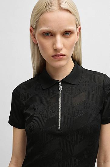 Šaty BOSS Jacquard Knit Dress with Logo Zip Placket Čierna | 50537774, 1