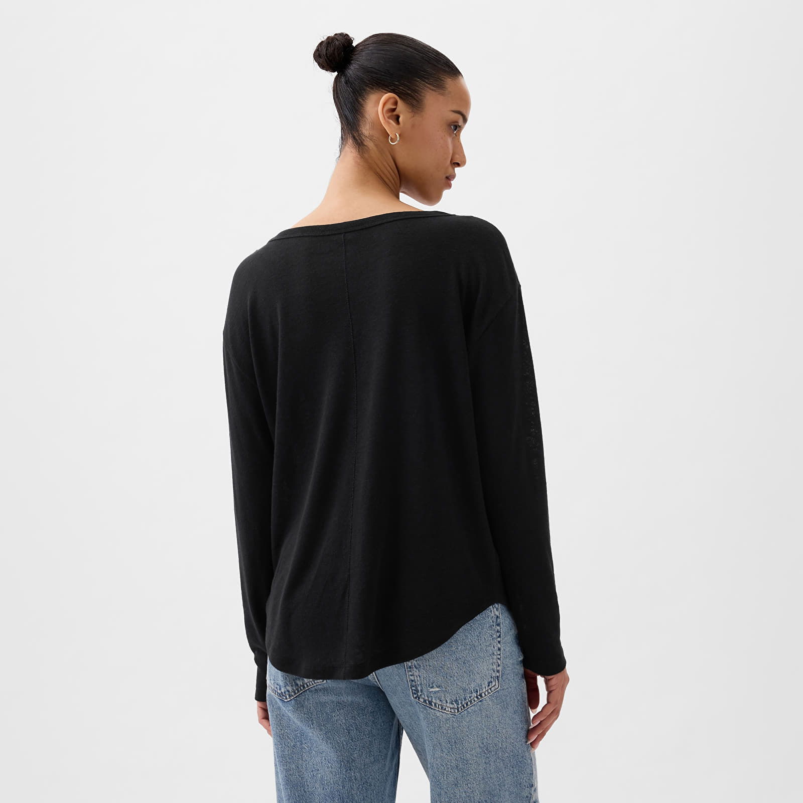 Top Longsleeve Linen Blend Boatneck Top Black