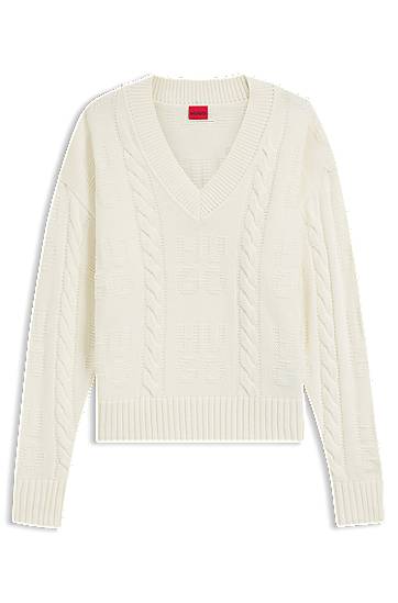 Sveter BOSS Oversized-fit V-neck cable knit cropped sweater Biela | 50554075