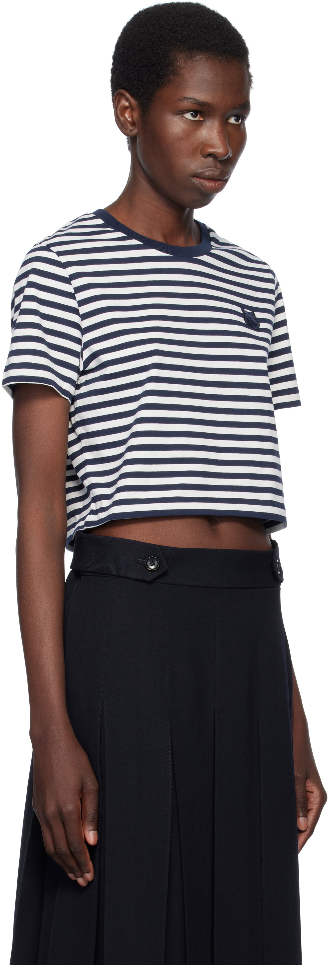 Crop Top MAISON KITSUNÉ Maison Kitsuné Fox Head Patch Striped Cropped T-Shirt Navy | OW00110KJ0008, 1