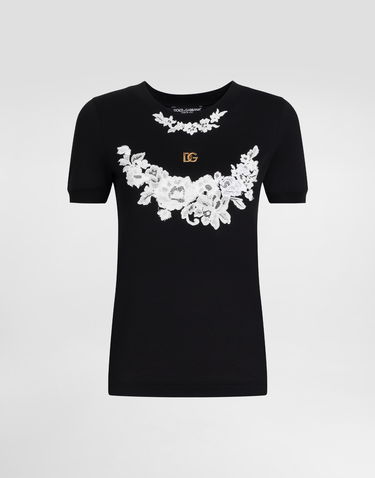 Tričko Dolce & Gabbana Dolce & Gabbana Jersey T-Shirt with Lace Details and DG Logo Čierna | F8N08TGDCTJN0000, 0