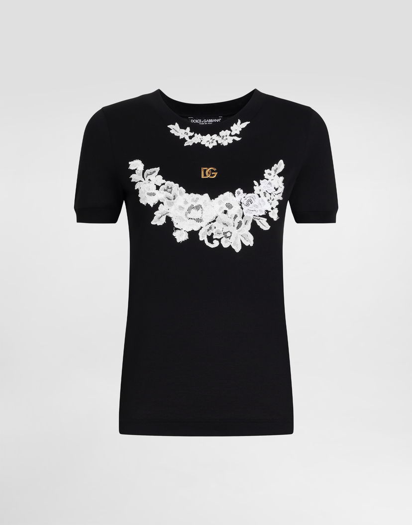 Tričko Dolce & Gabbana Dolce & Gabbana Jersey T-Shirt with Lace Details and DG Logo Čierna | F8N08TGDCTJN0000