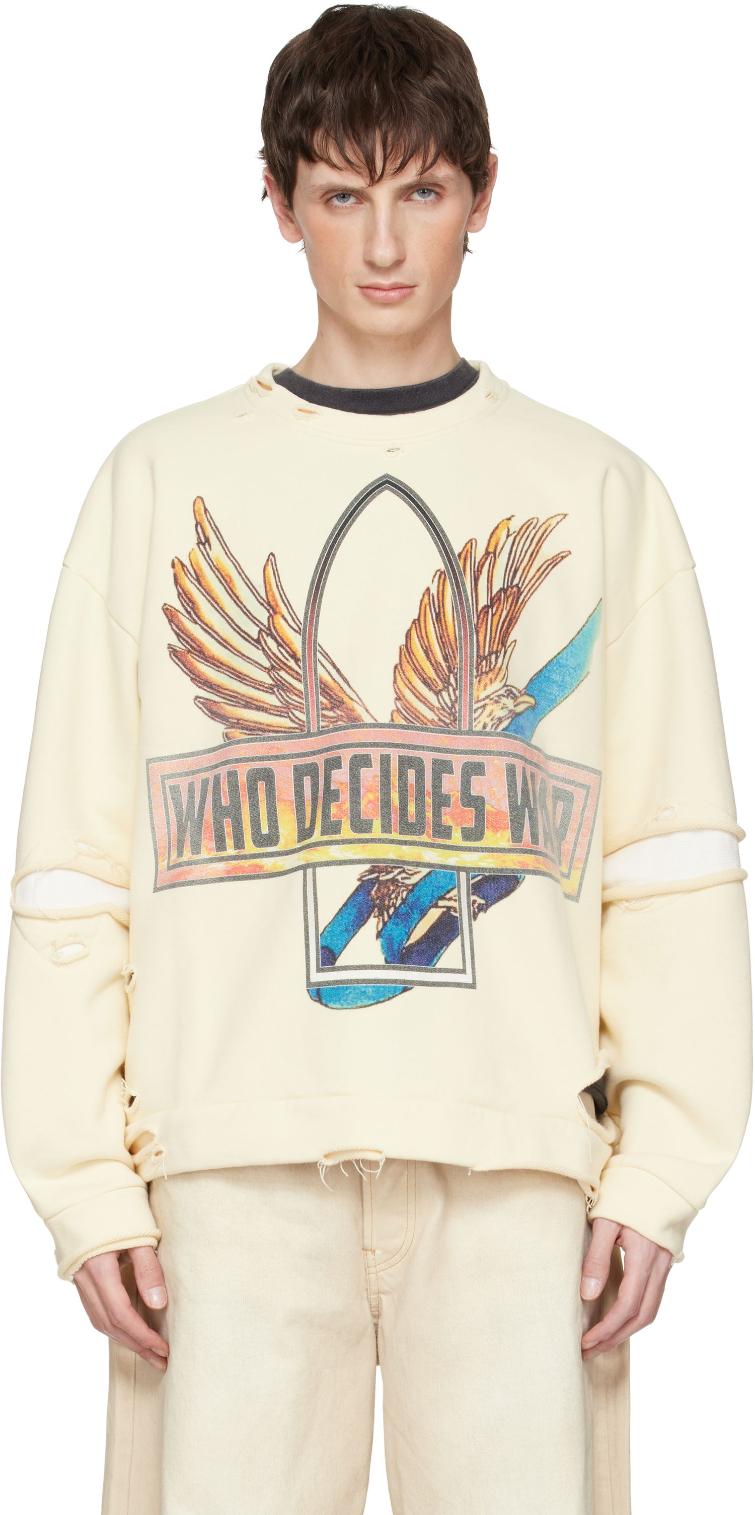 Mikina Who Decides War Ribbon Tour Distressed Graphic Sweatshirt Béžová | 1110540019FW25, 0