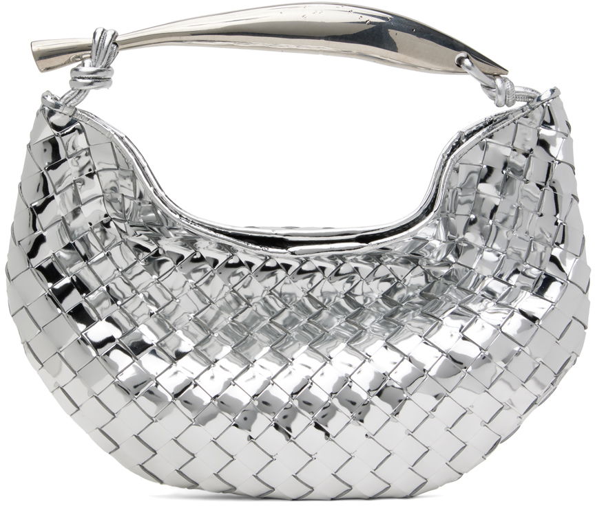 Metallic Silver Woven Leather Shoulder Bag