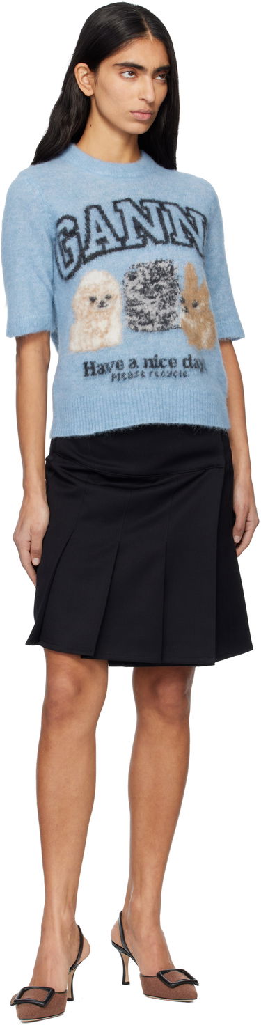 Sveter GANNI Fine Brushed Alpaca Puppies Short-Sleeve Sweater Modrá | K2517, 3