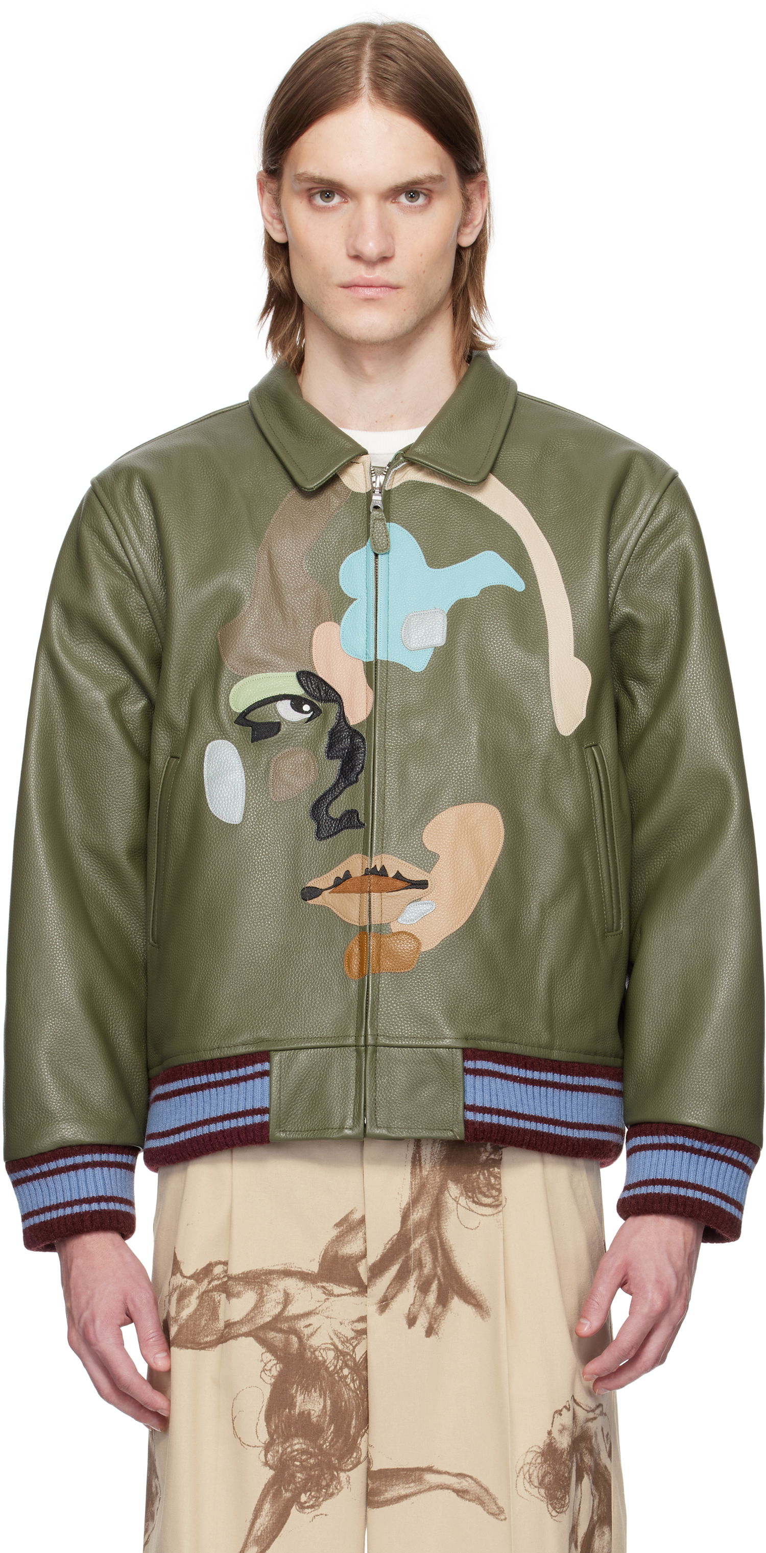 Bomber bunda KidSuper KidSuper Patchwork Face Leather Varsity Jacket Zelené | SS25-OW-05, 0