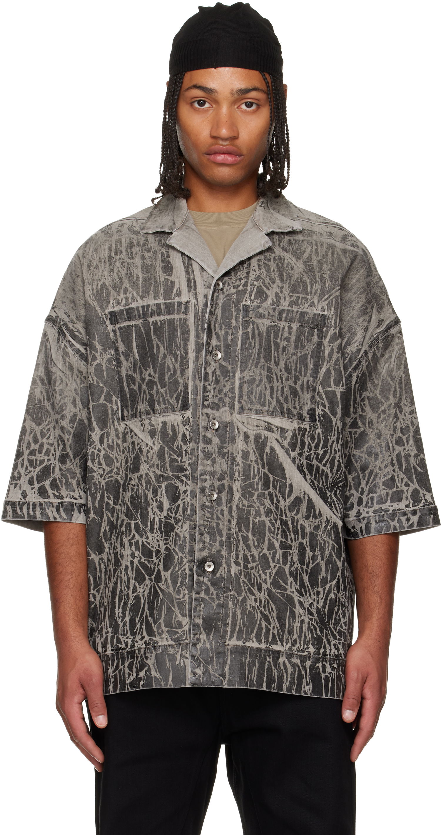 Košeľa Rick Owens DRKSHDW Concordians Magnum Tommy Short-Sleeve Patterned Denim Shirt Šedá | DU02E7294 SDWF, 0