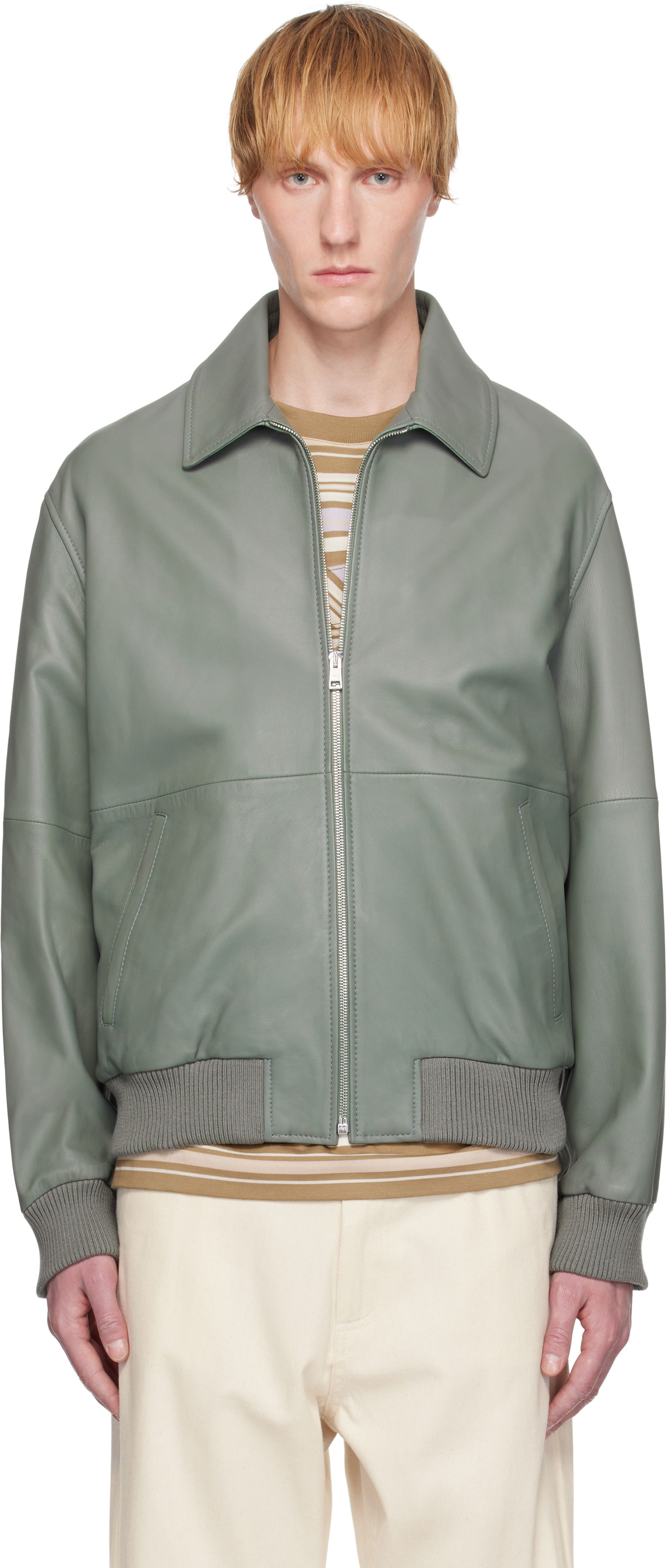 Bomber bunda MAISON KITSUNÉ Maison Kitsuné Leather Bomber Jacket Zelené | OM02129LR0019, 0