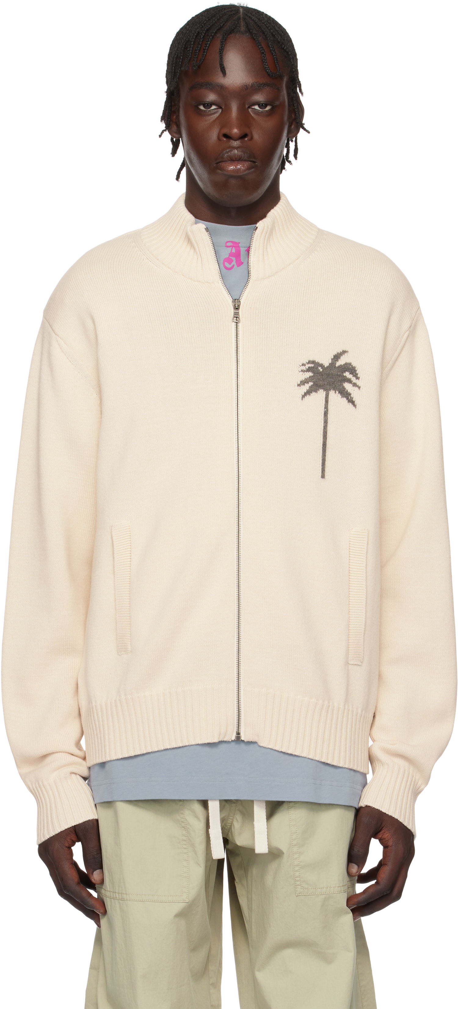 Bunda Palm Angels Knit Track Jacket With Palms Embroidery Béžová | PMHA061S25KNI0010308, 0