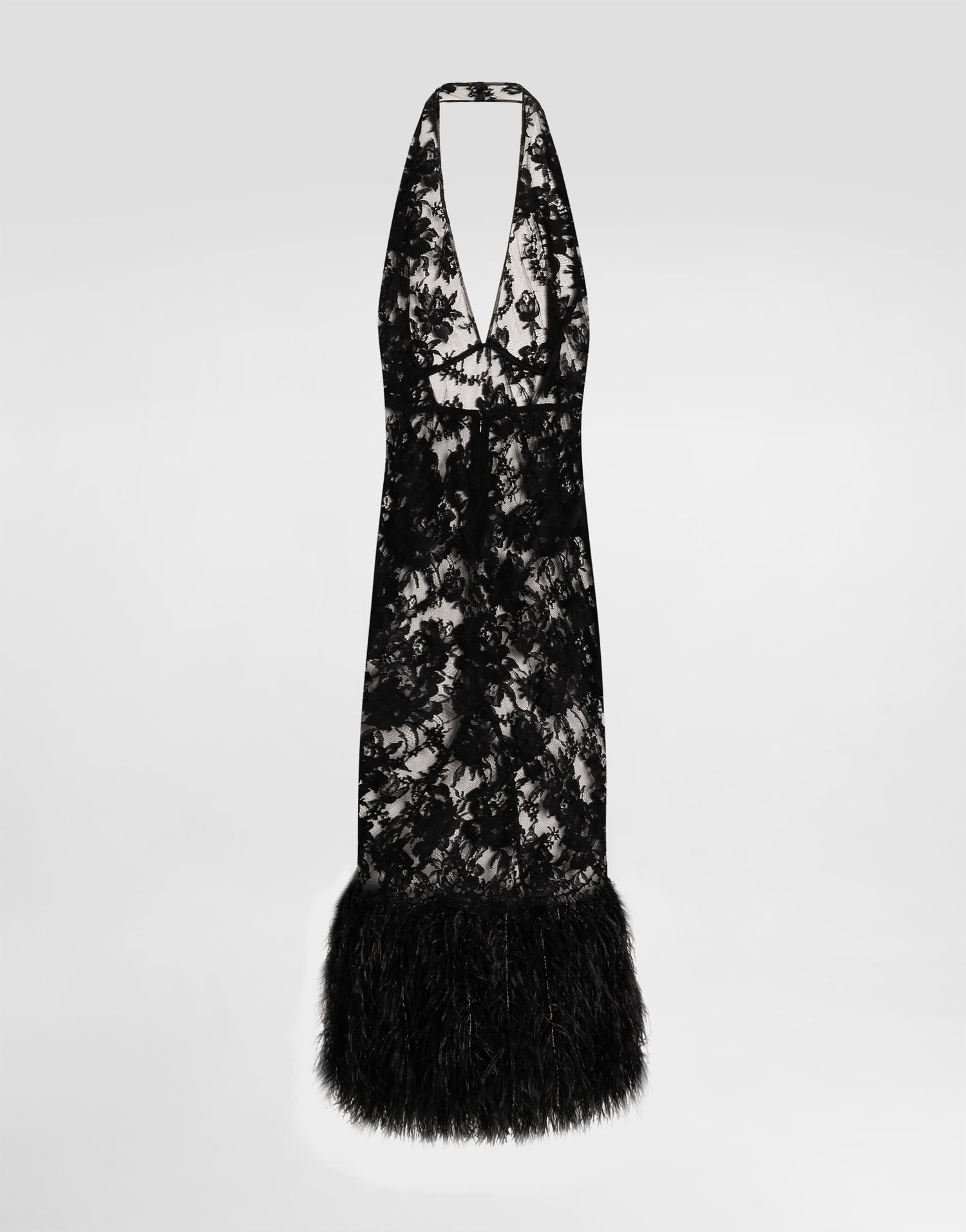 Šaty Dolce & Gabbana Dolce & Gabbana Chantilly Lace Halter Dress with Feather Trim Čierna | F60DFZHLMQJN0000, 0