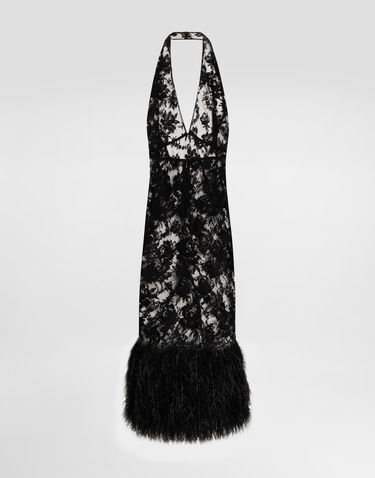 Šaty Dolce & Gabbana Dolce & Gabbana Chantilly Lace Halter Dress with Feather Trim Čierna | F60DFZHLMQJN0000, 0