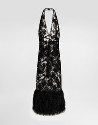 Dolce & Gabbana Chantilly Lace Halter Dress with Feather Trim