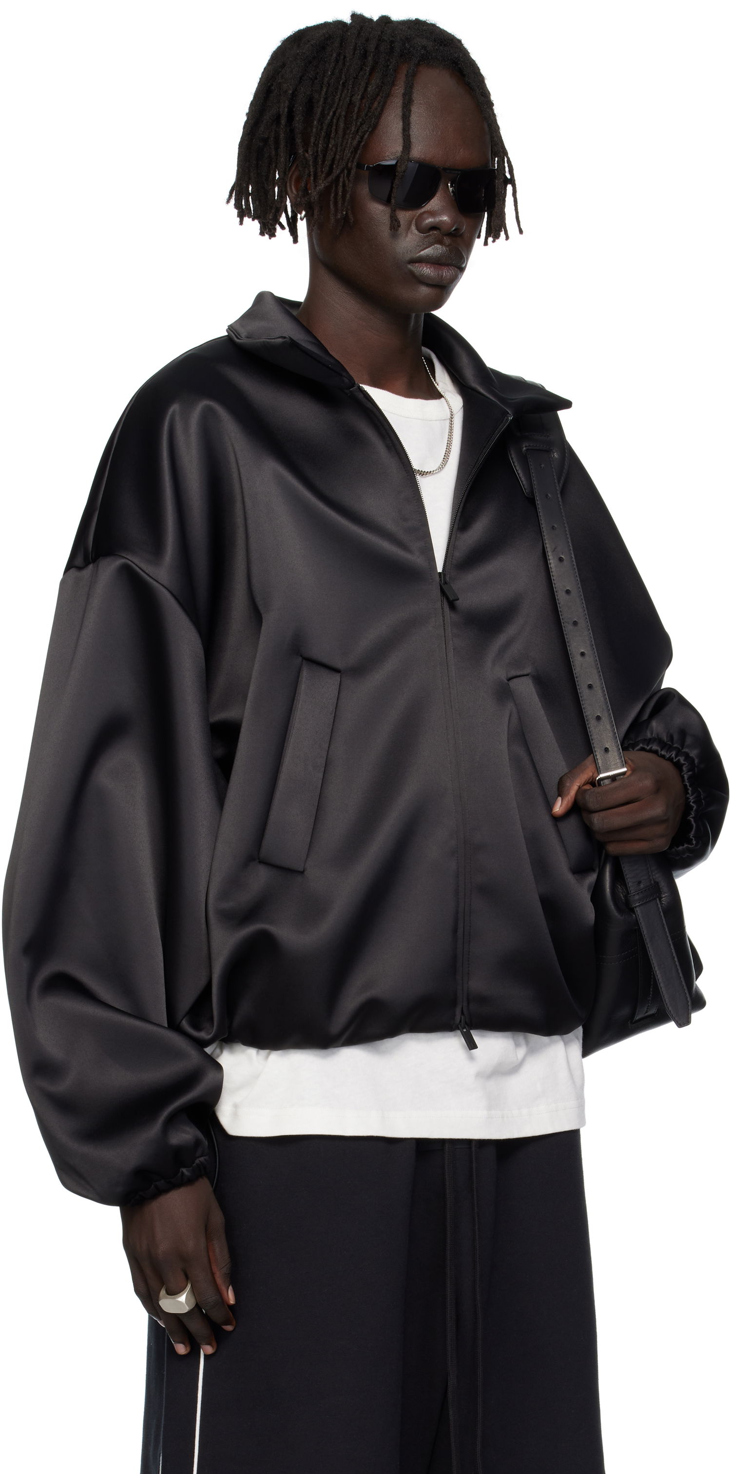 Bomber bunda Fear of God ESSENTIALS Bonded Satin Zip-Up Bomber Jacket Čierna | 202SP258070F, 1
