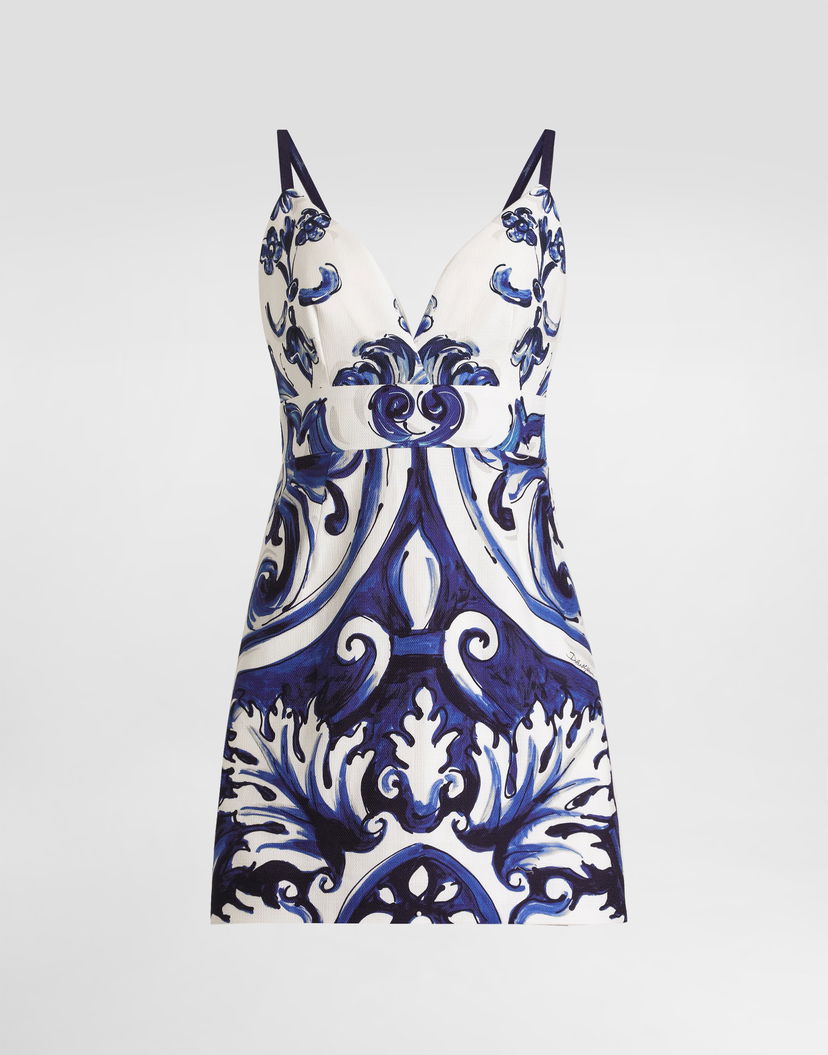 Šaty Dolce & Gabbana Dolce & Gabbana Majolica-Print Cotton Mini Dress Modrá | I6KH1WFPFSTHB5DQ