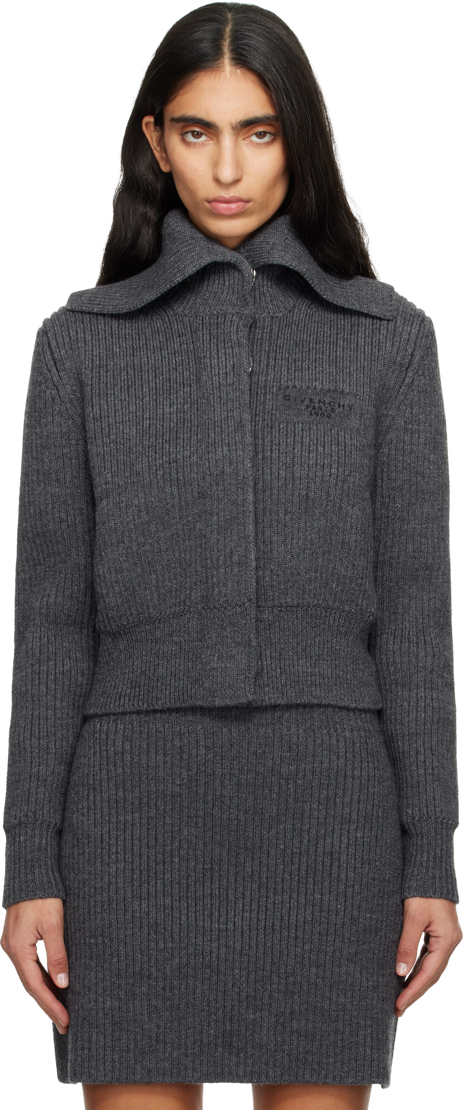Sveter Givenchy Ribbed Knit Collared Wool Cardigan Šedá | BWK00K4ZSM033, 0