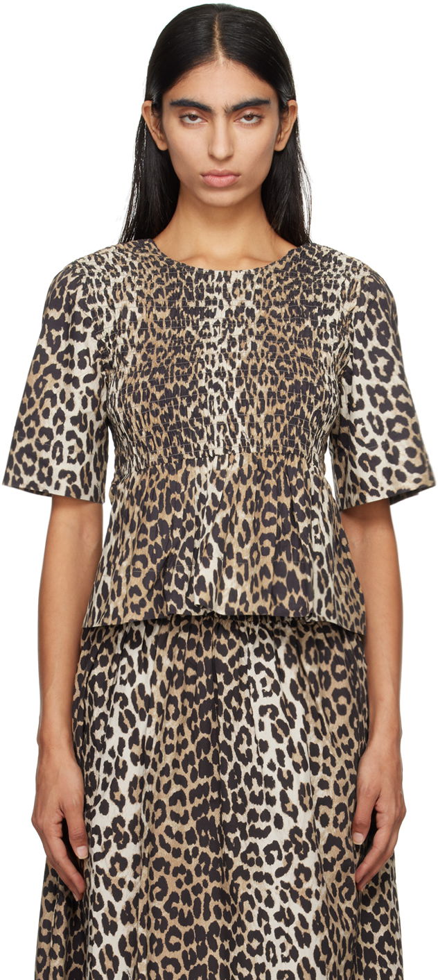 Tričko GANNI GANNI Smocked Leopard Print Blouse Béžová | W0205, 0