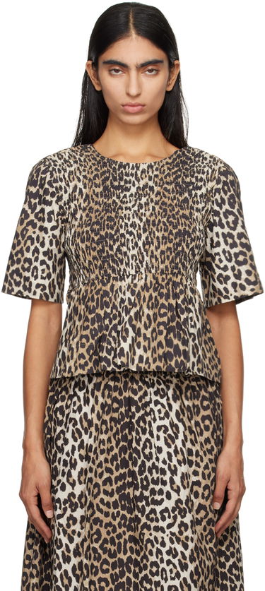 Tričko GANNI GANNI Smocked Leopard Print Blouse Béžová | W0205, 0