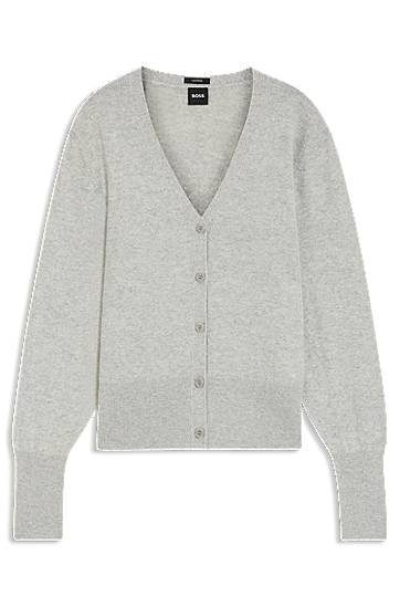 Sveter BOSS Relaxed-fit V-neck button-front cardigan in cashmere with ribbed trims Šedá | 50548814