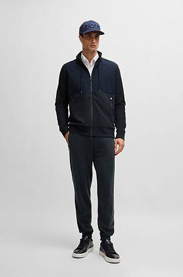 Bunda BOSS Regular-Fit Mixed-Material Zip Sweatshirt Navy | 50524063, 1