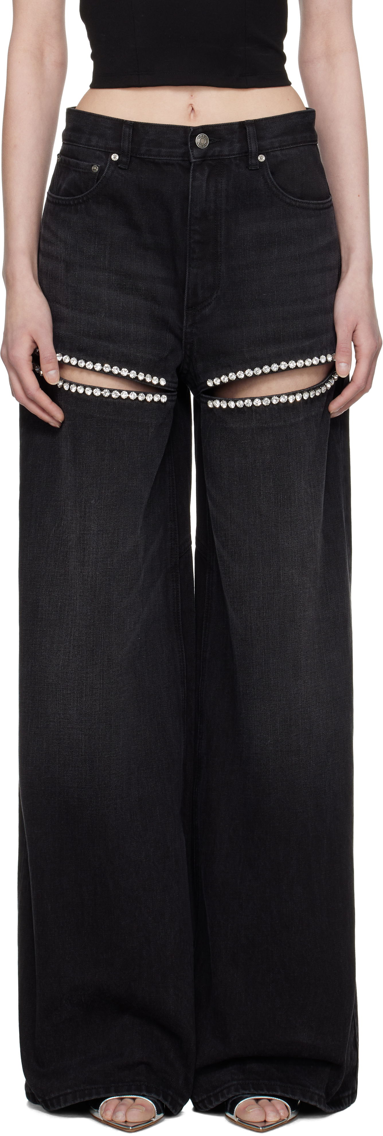 AREA Wide Leg Crystal Slit Jeans