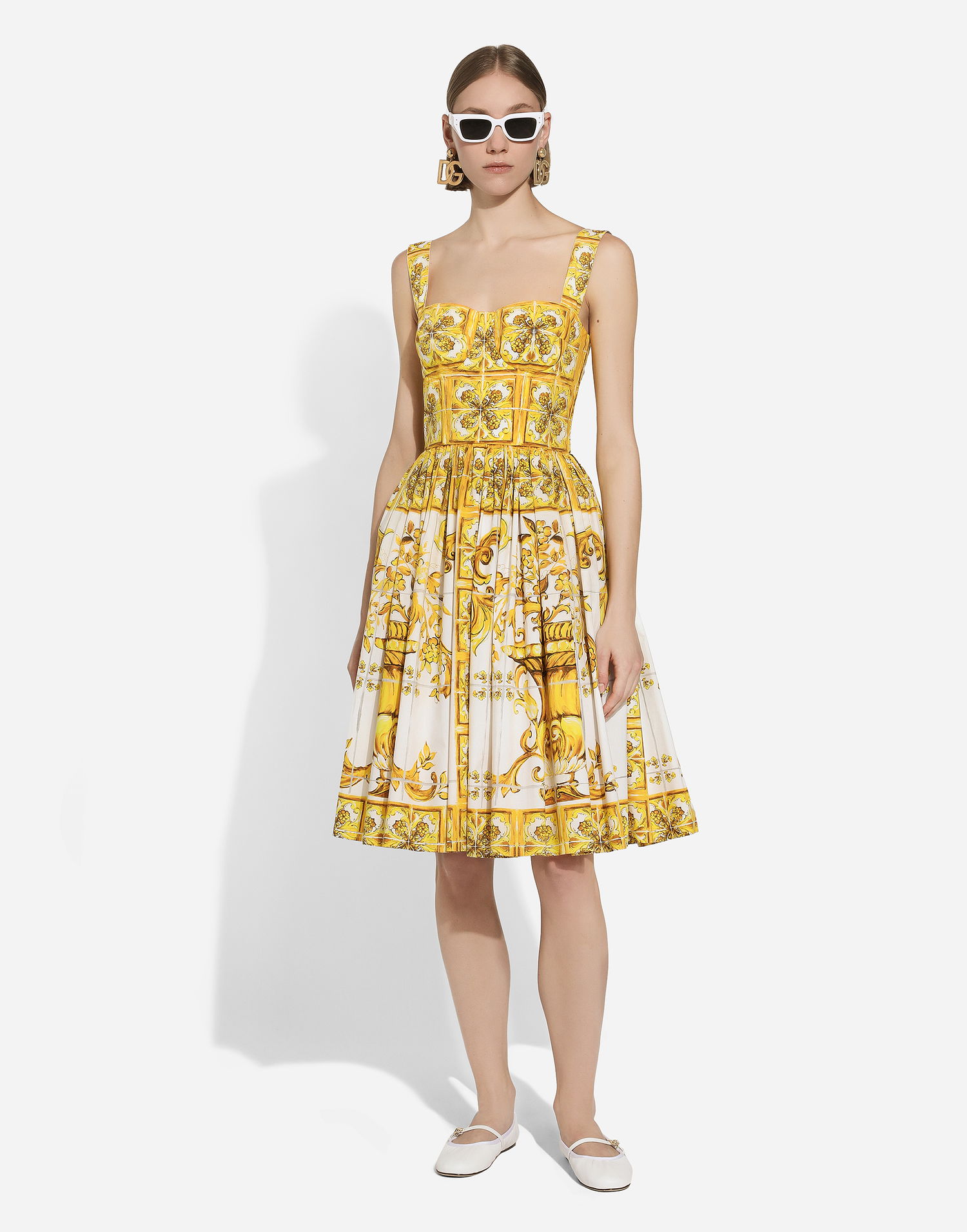Šaty Dolce & Gabbana Majolica Print Cotton Poplin Midi Corset Dress Žltá | F6ADLTHH5A0HG3TN, 1