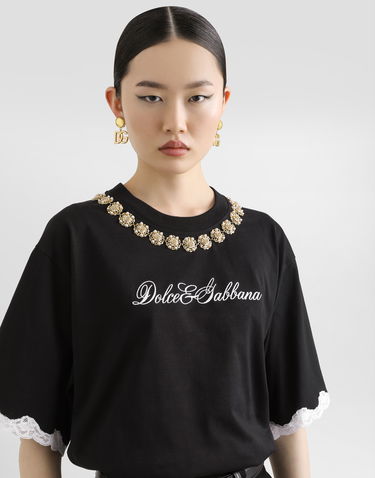 Tričko Dolce & Gabbana Dolce & Gabbana Jersey T-Shirt with Jewel Chain Embellishment Čierna | F8V62ZGDC9UN0000, 1