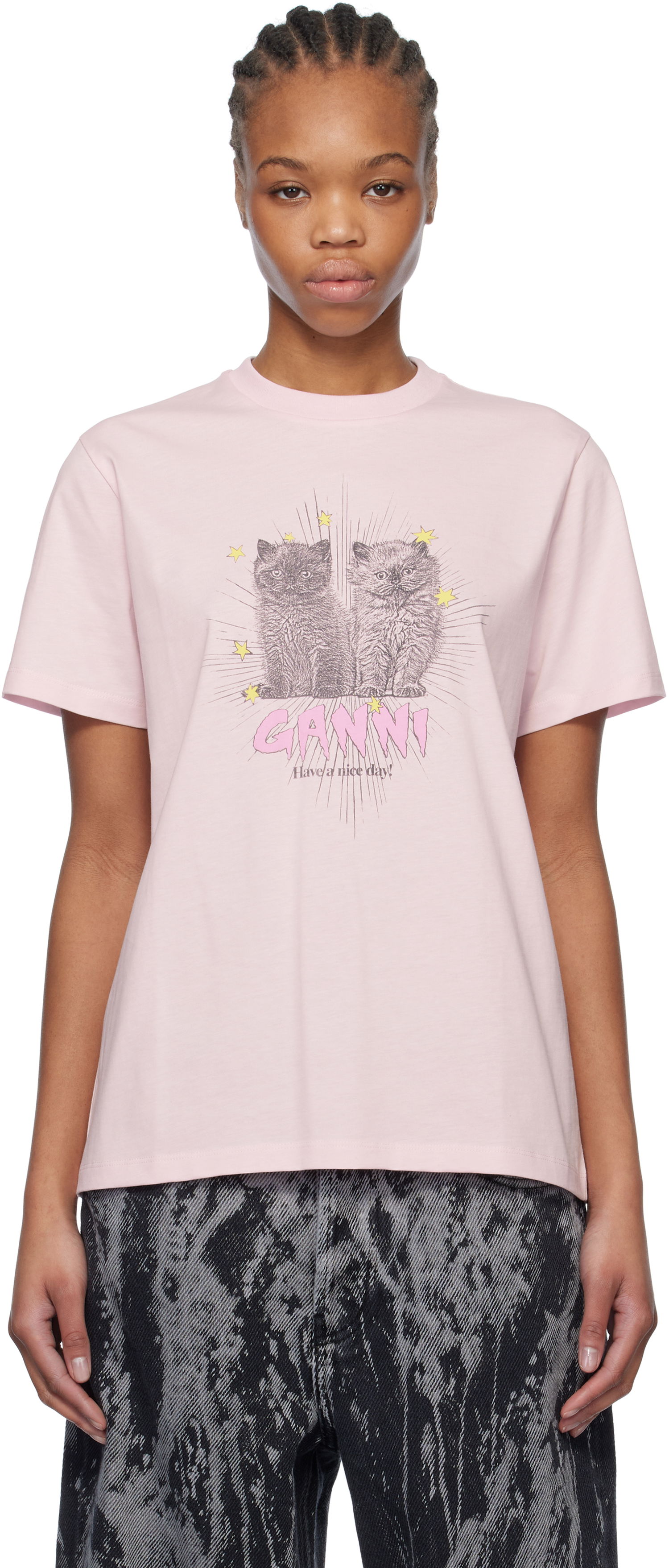 Tričko GANNI GANNI Relaxed Kitten Graphic T-Shirt Ružová | T4164, 0
