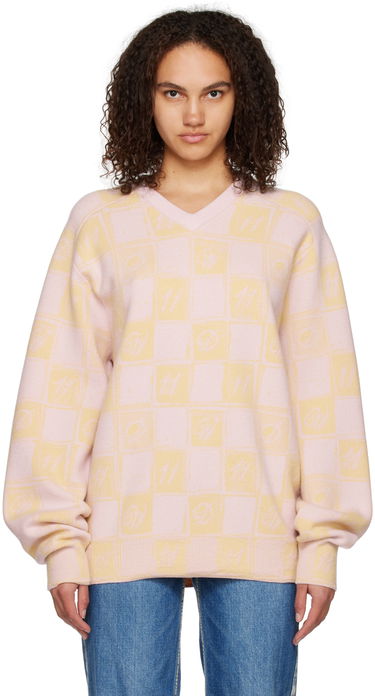 Sveter We11done We11done Checkerboard V-Neck Sweater Ružová | WD-KT3-22-639-U-YE, 0