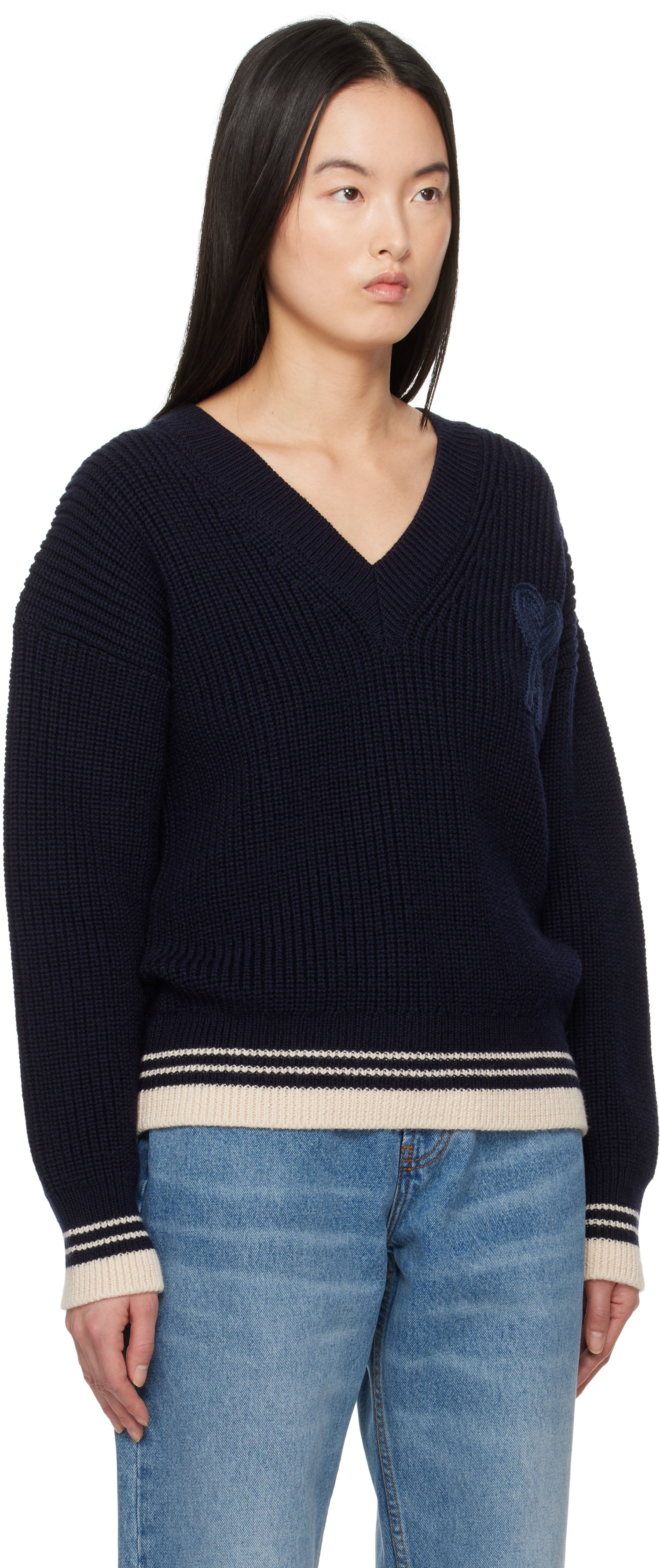 Sveter AMI AMI Paris Wool Ribbed V-Neck Sweater Navy | UKS268.KN0068, 1