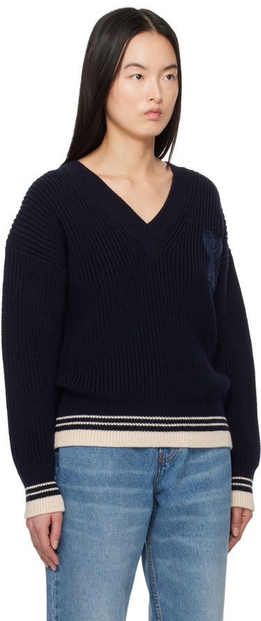 Sveter AMI AMI Paris Wool Ribbed V-Neck Sweater Navy | UKS268.KN0068, 1