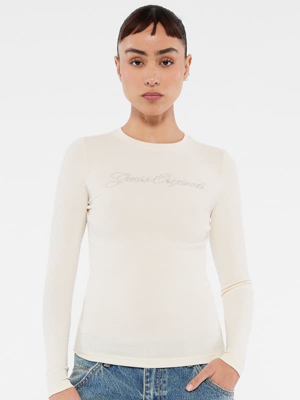 Tričko GUESS Rhinestone Long Sleeve Top Biela | W5RP40KA0H1, 0