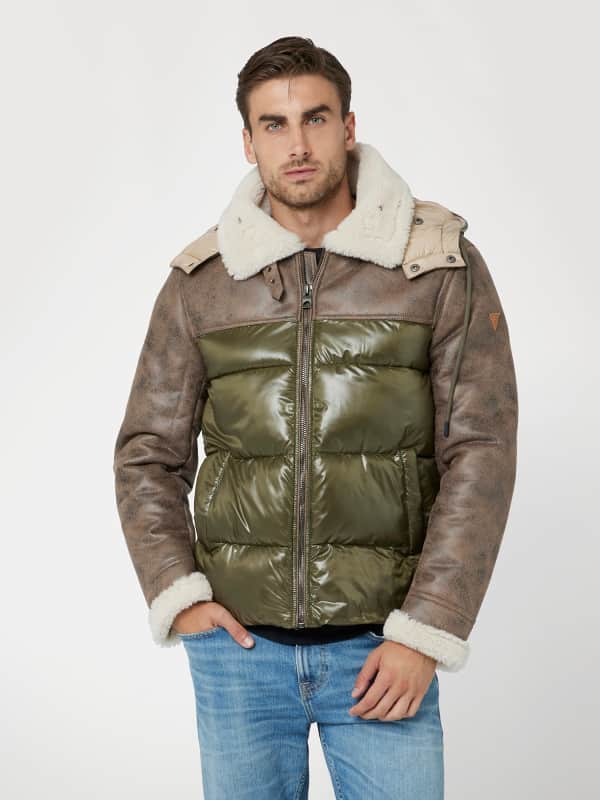 Prešívaná bunda GUESS Faux Leather and Nylon Puffer Jacket Zelené | M4BL37WGJL0, 0