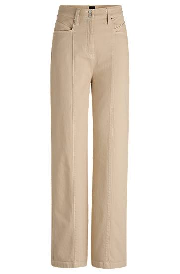 Nohavice BOSS Wide-Leg Cotton-Blend Trousers with Stitching Béžová | 50531036, 0