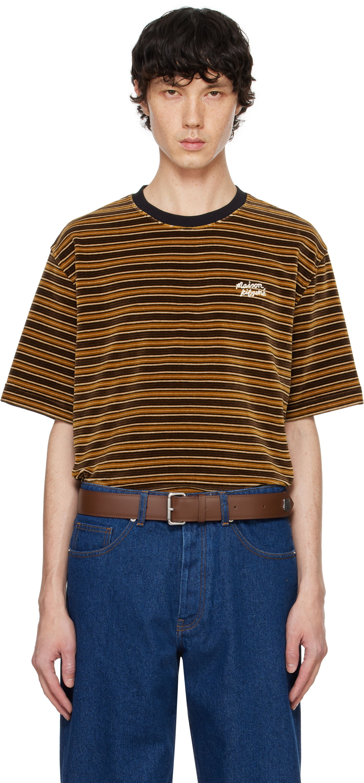 Tričko MAISON KITSUNÉ Striped Velvet Oversize T-shirt Hnedá | NM00109KA0021, 0