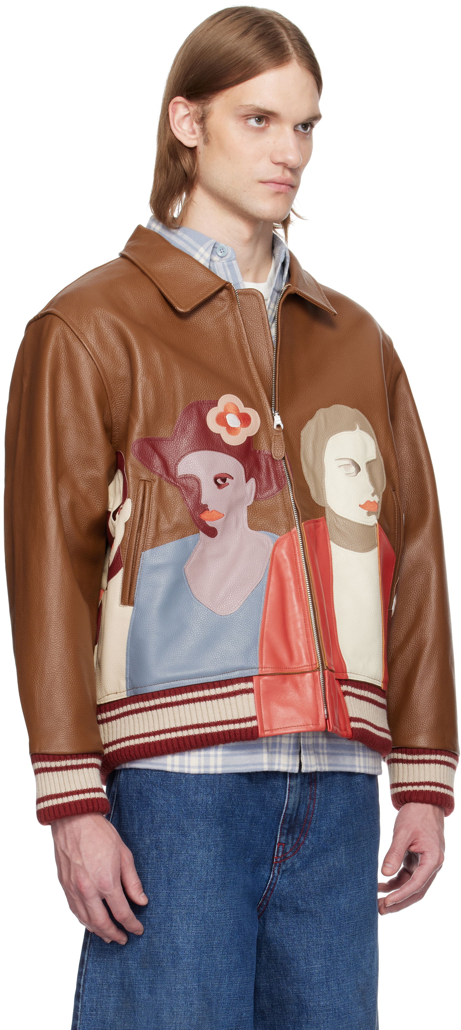 Bomber bunda KidSuper KidSuper Patchwork Portraits Leather Varsity Jacket Hnedá | SS25-OW-03, 1
