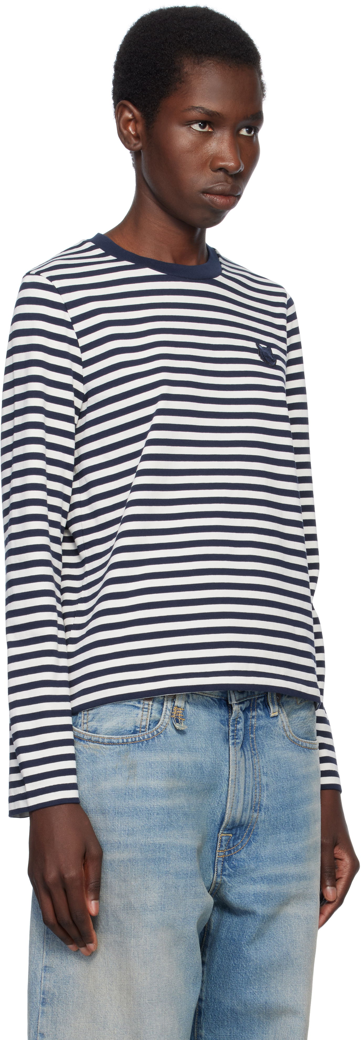 Tričko MAISON KITSUNÉ Maison Kitsuné Fox Head Patch Striped T-Shirt Navy | OW00111KA0026, 1