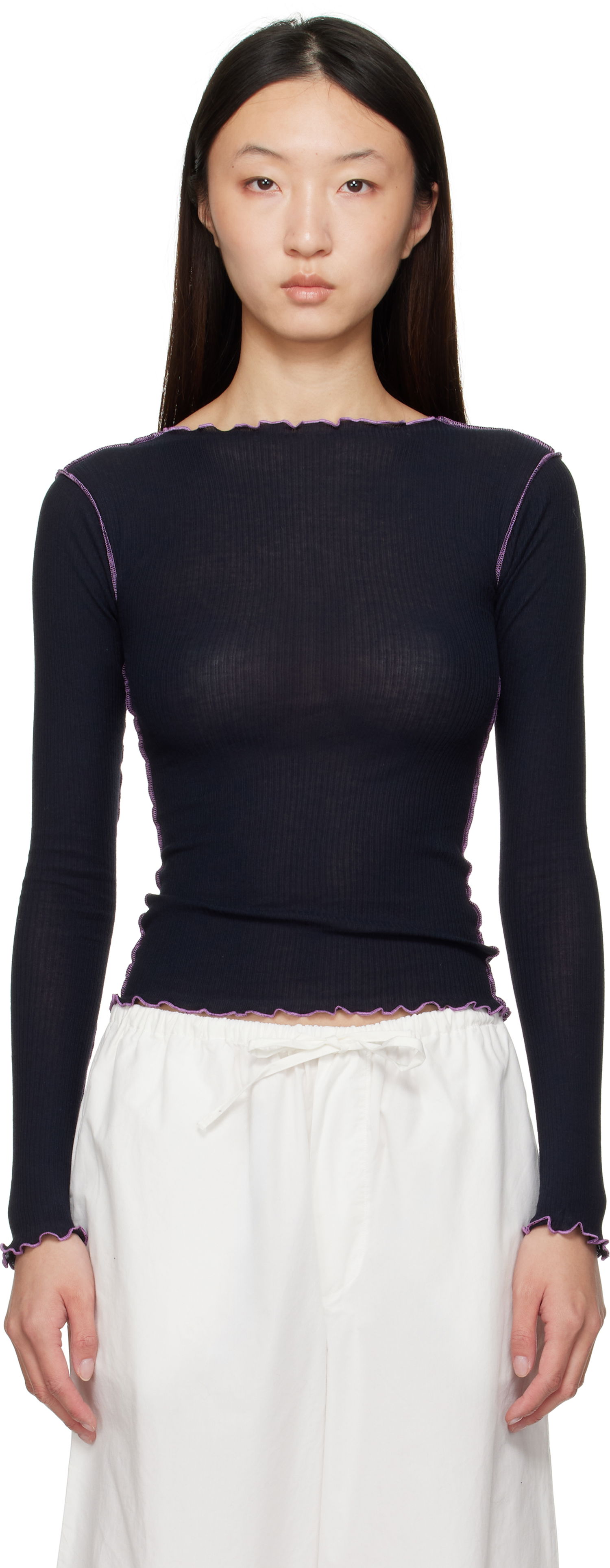 Tričko Baserange Baserange Lettuce Edge Long Sleeve T-Shirt Čierna | TTVL-CR-AU25, 0