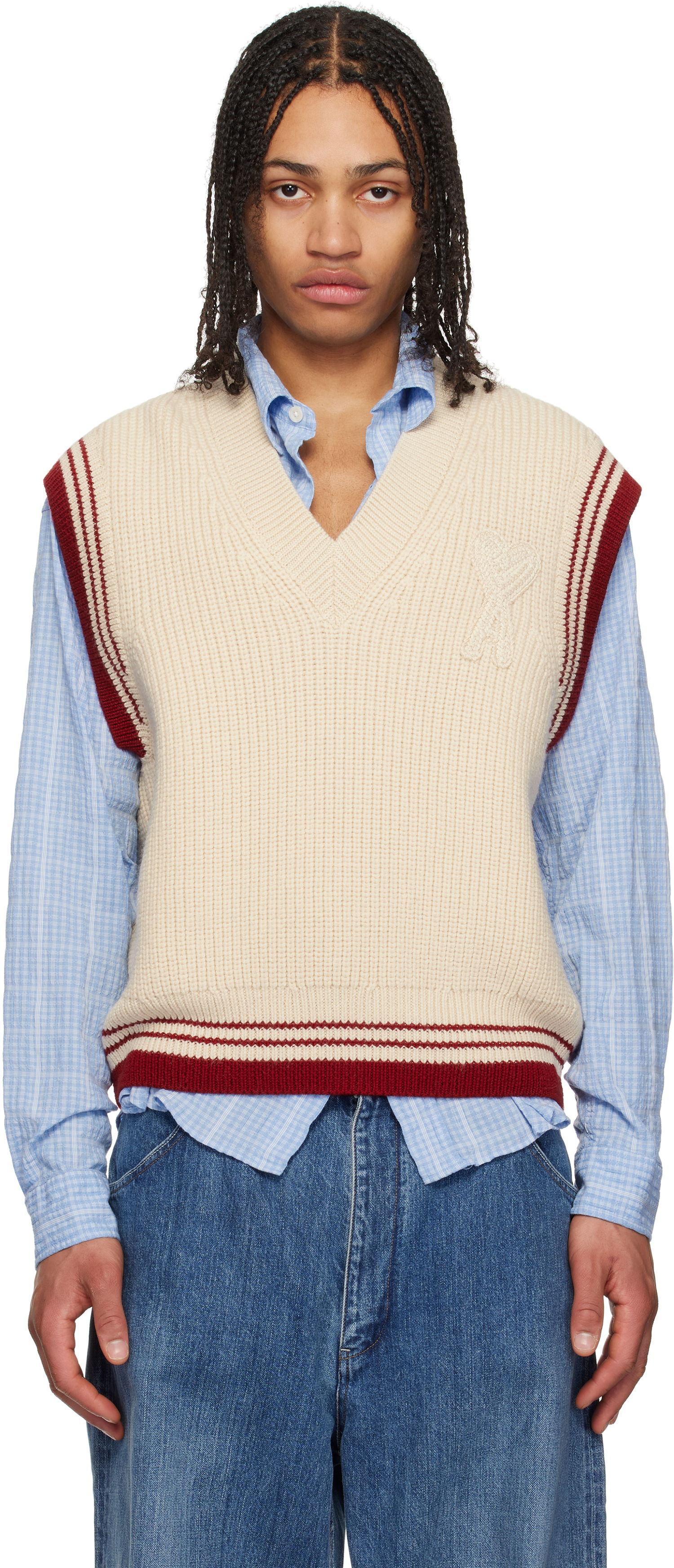 Sveter AMI AMI Paris Wool Ribbed V-Neck Vest Béžová | UKS768.KN0068, 0