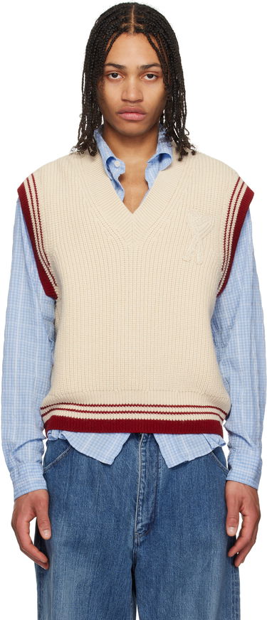 Sveter AMI AMI Paris Wool Ribbed V-Neck Vest Béžová | UKS768.KN0068, 0