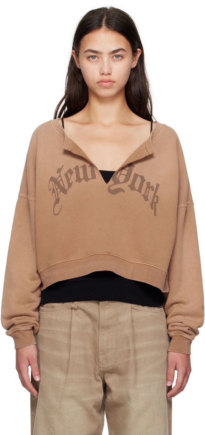 Mikina R13 R13 'New York' Cropped Front Slit Sweatshirt Hnedá | R13WK251-001UU