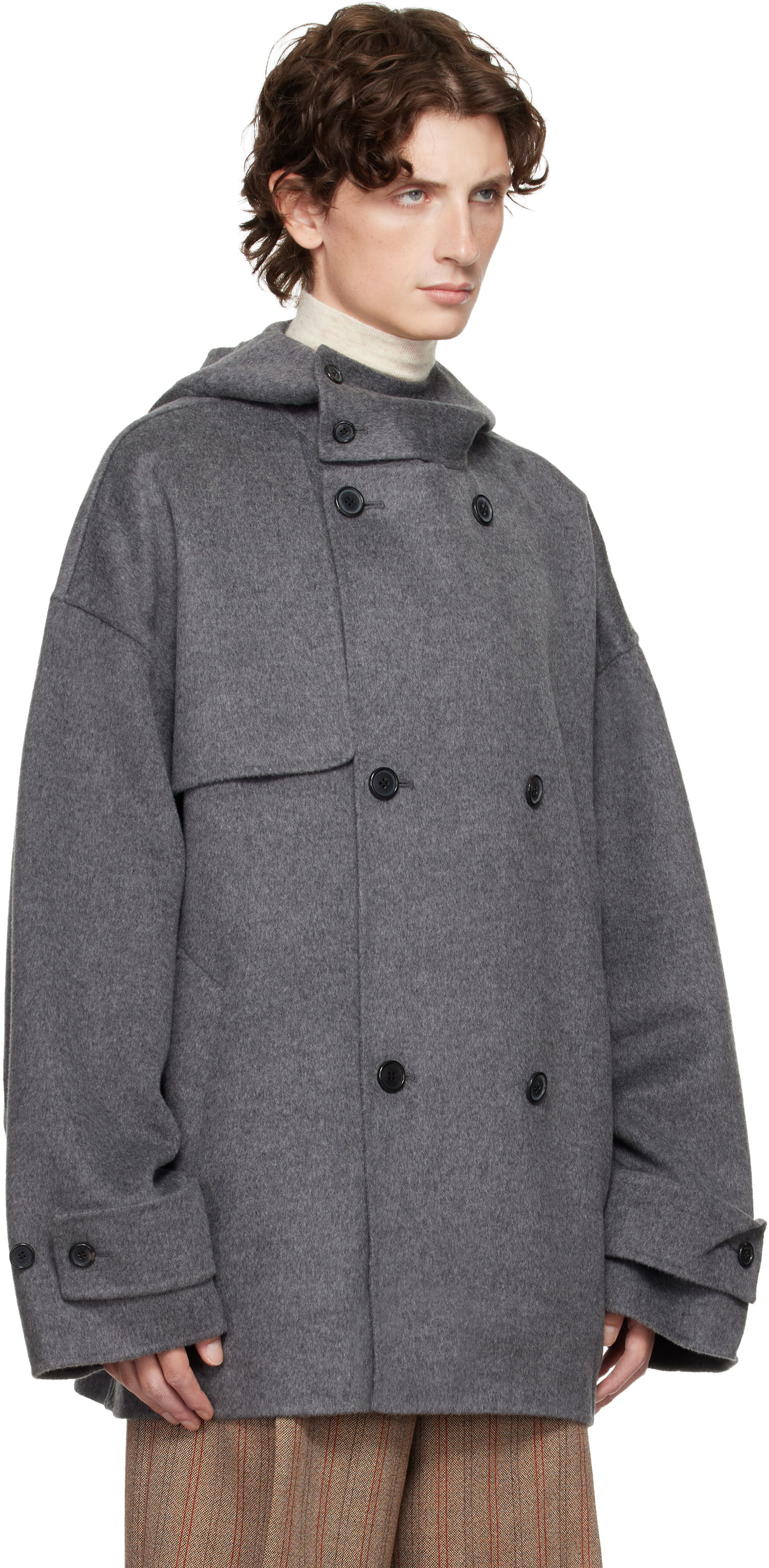 Kabáty JW Anderson JW Anderson Oversized Hooded Double-Breasted Felted Peacoat Šedá | CO0342-PG1559, 1