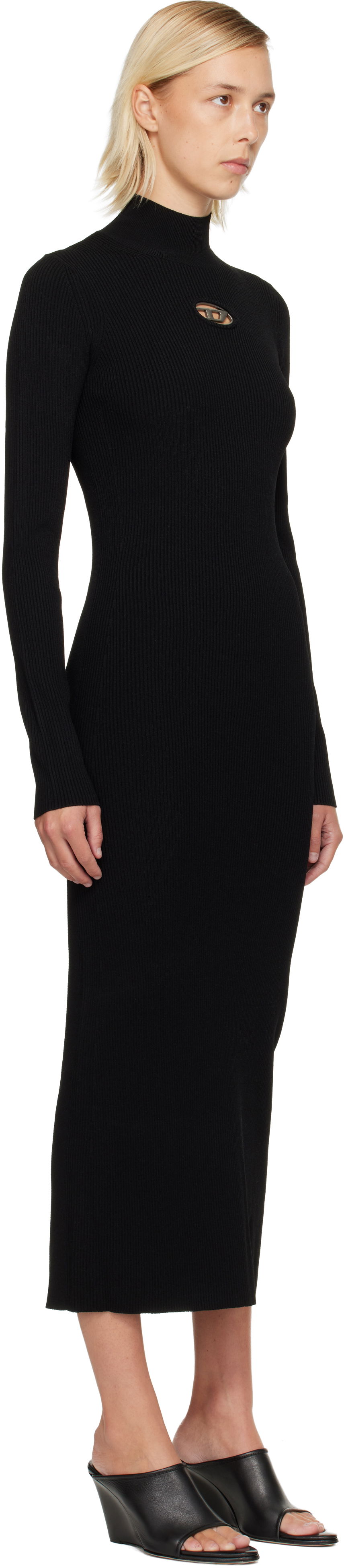 Šaty Diesel Ribbed knit long-sleeve mock neck maxi dress with metallic cut-out Čierna | A14186 0DLAX, 1