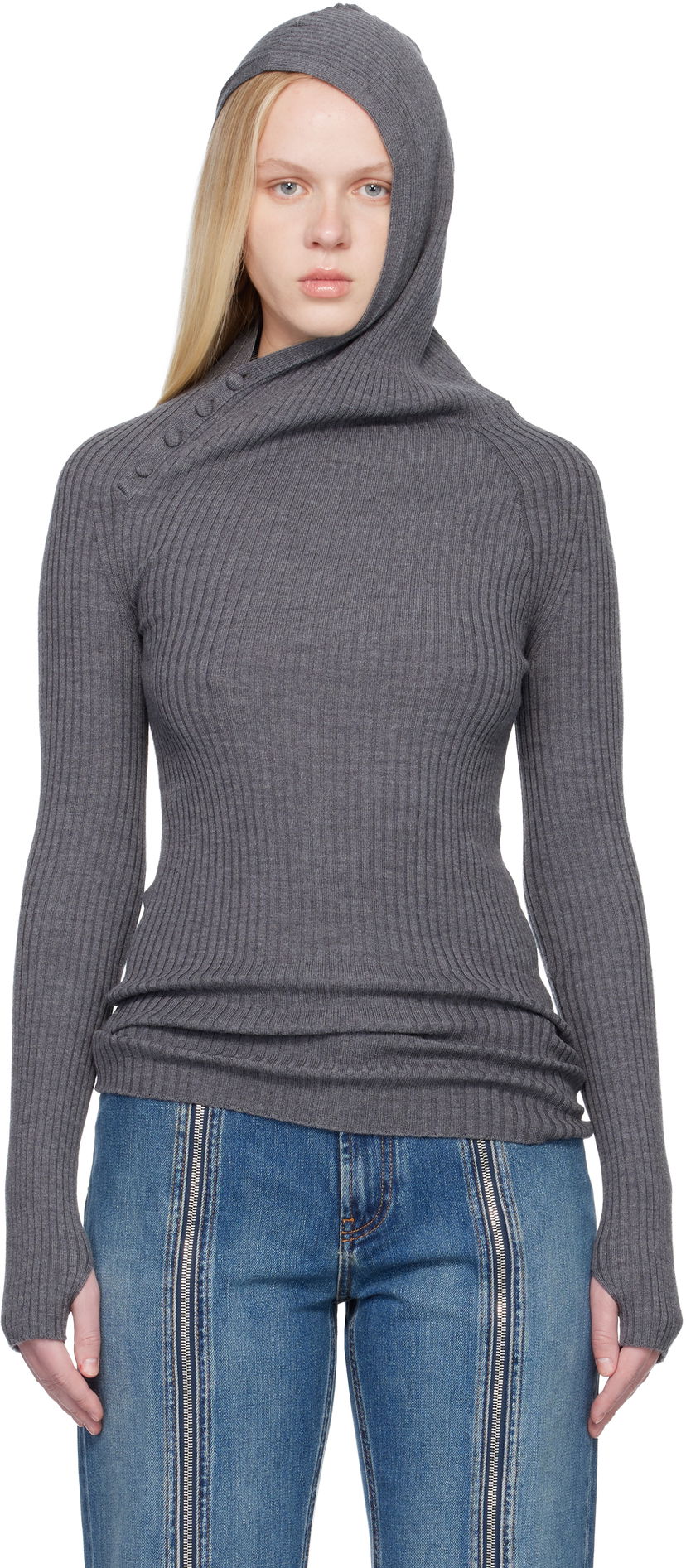 Mikina Jean Paul Gaultier Asymmetric Ribbed Knit Long-Sleeve Hoodie with Buttons Šedá | 25/04-W-PO027-K013-07