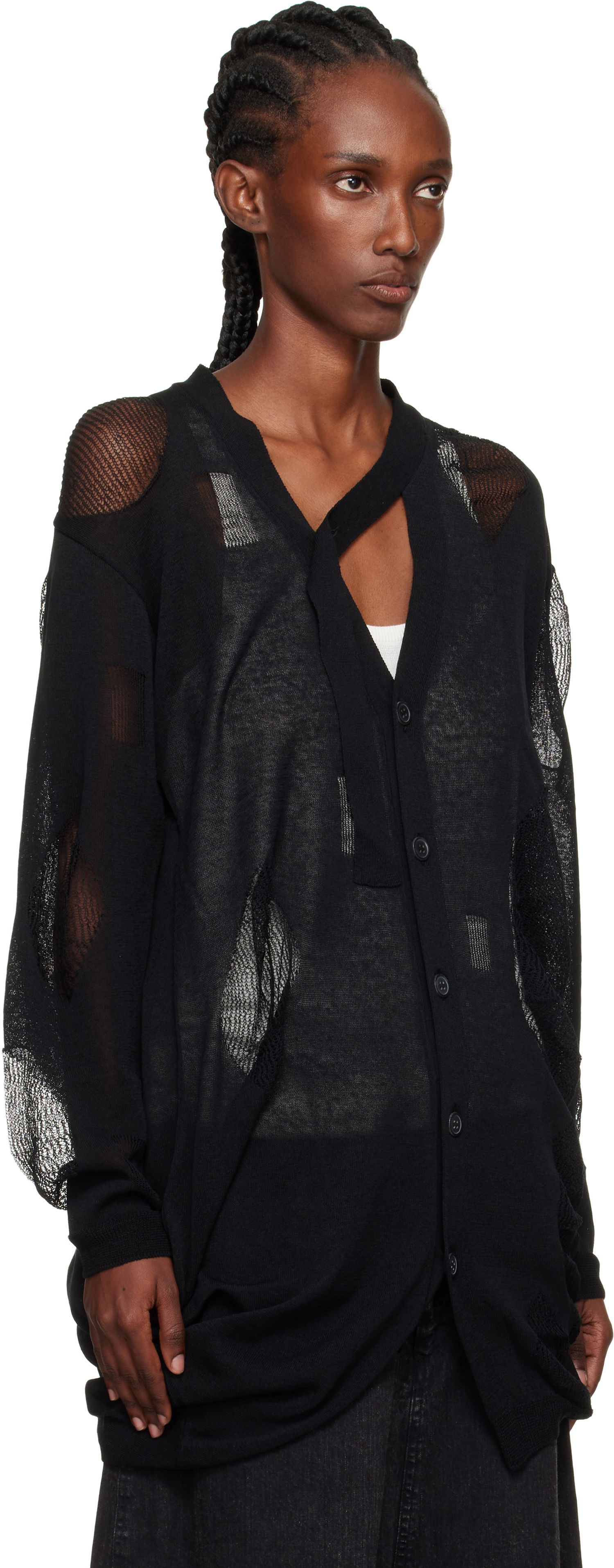 Sveter Yohji Yamamoto YOHJI YAMAMOTO Plain Stitch & Pattern Draped Cardigan Čierna | FP-K12-982, 1