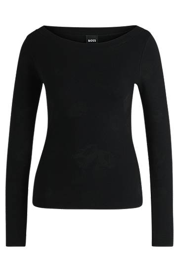 Tričko BOSS BOSS Stretch Jacquard Wide-Neck Sweater Čierna | 50521371, 0